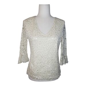 Brittany Black Cream Lace Silver Glitter Blouse with Bell Sleeves